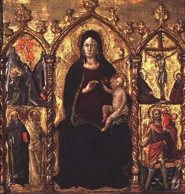 Tríptico: Madonna y Niño (panel central) con santos y una escena de la Crucifixión de Arcangelo di Cola da Camerino